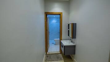 Shower, rainfall showerhead, hair dryer, slippers