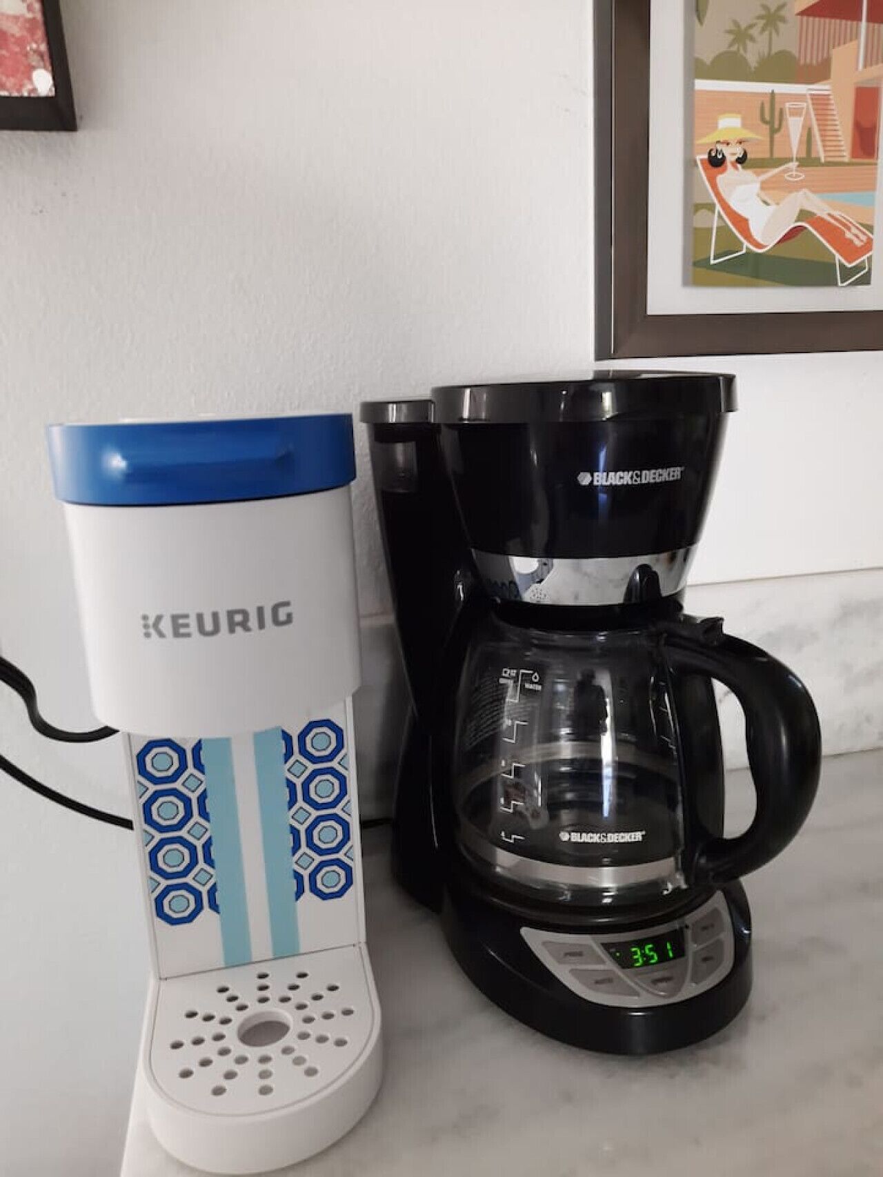 A Keurig coffee maker and a Black & Decker coffee maker on a kitchen counter.