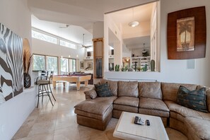 Smart TV, fireplace, books, music library