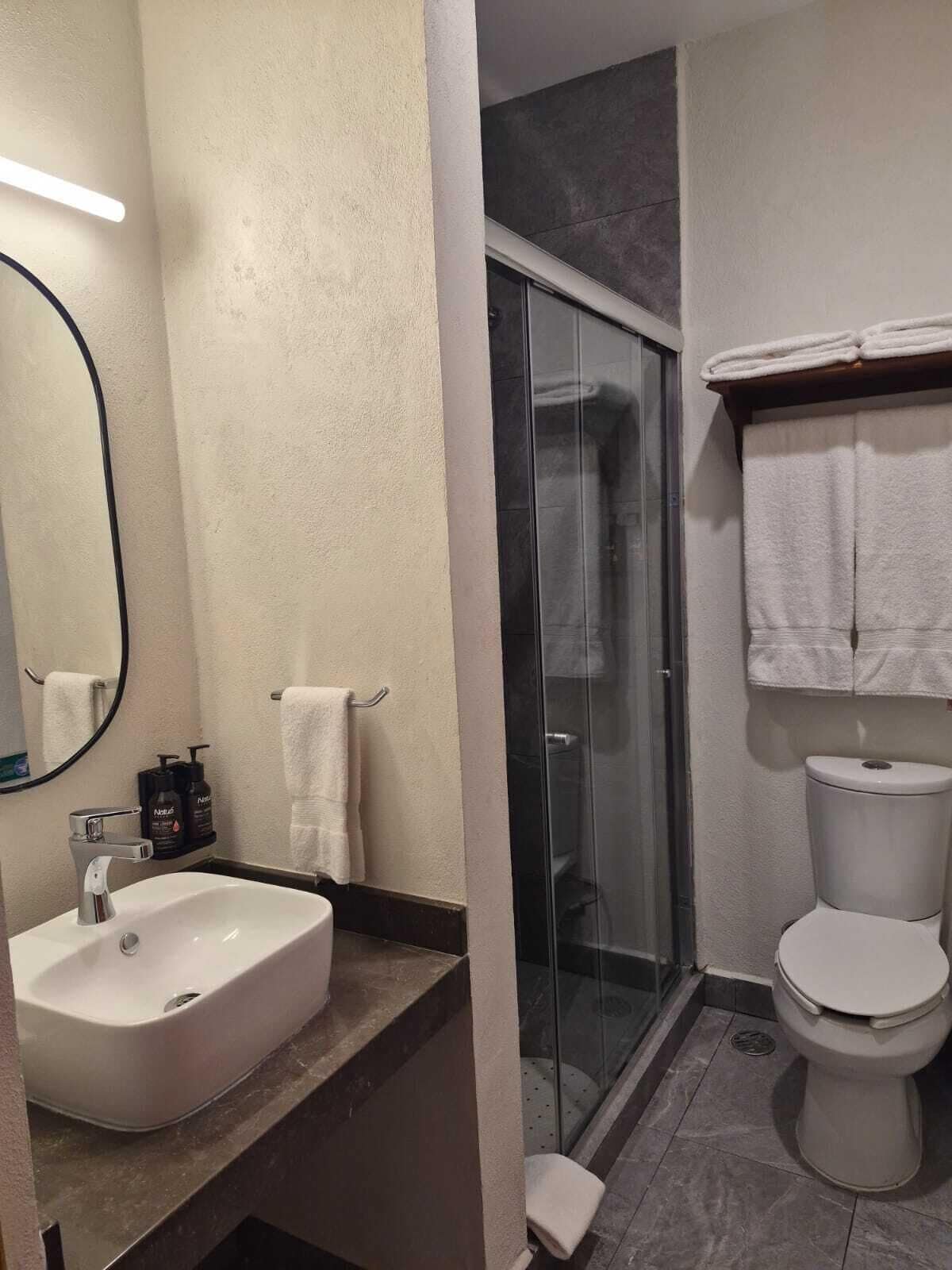 Un baño moderno con cabina de ducha de vidrio, un lavabo blanco y un inodoro.