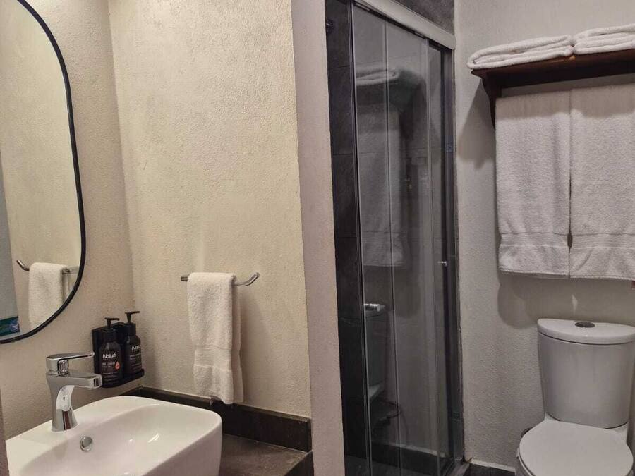 Un baño moderno con cabina de ducha de vidrio, un lavabo blanco y un inodoro.