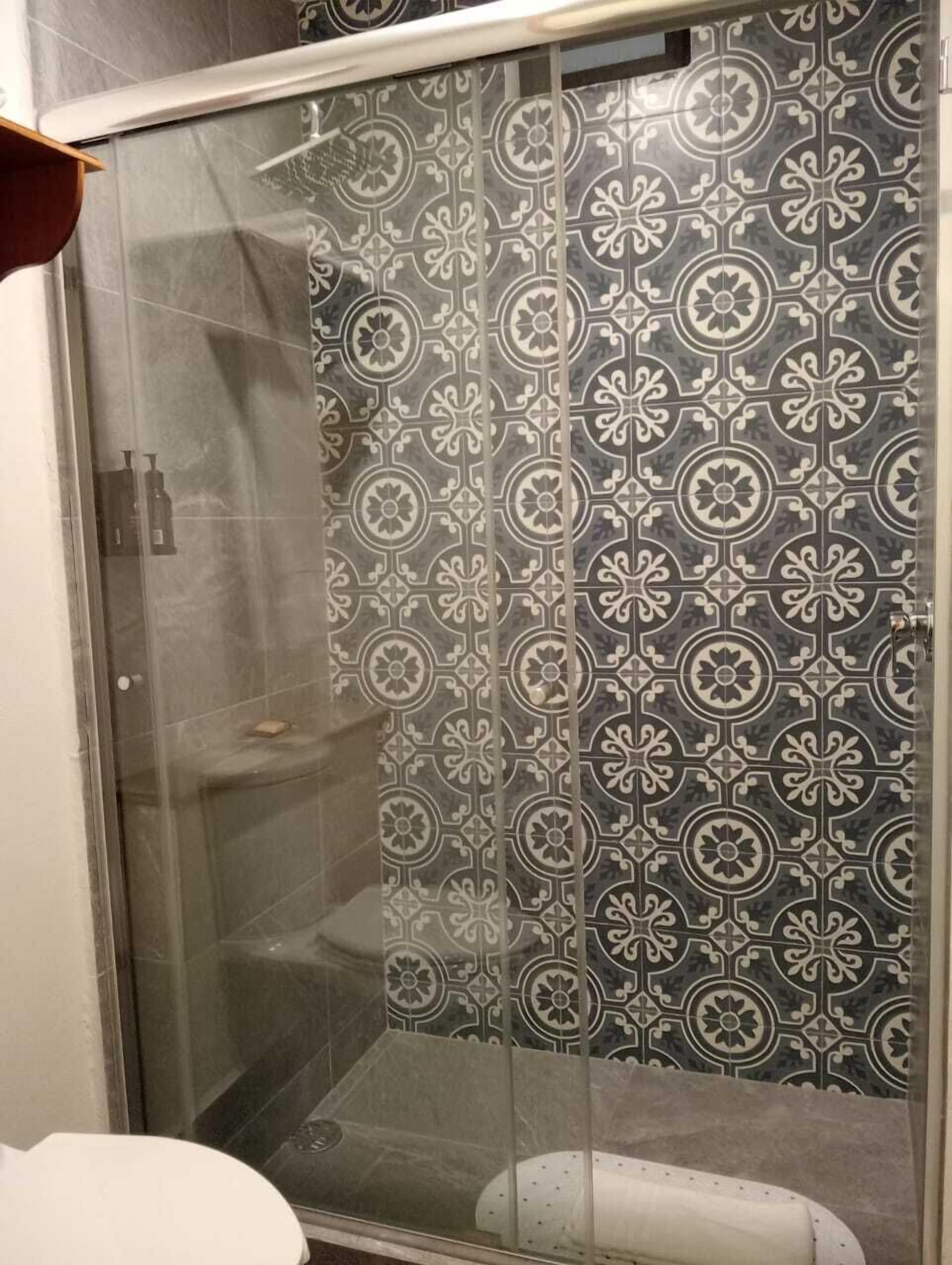 Ducha con mampara de vidrio con diseño, inodoro y lavamanos.