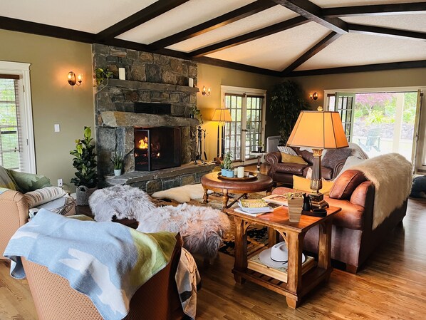 Télévision, cheminée, chaîne hi-fi, espaces bureaux