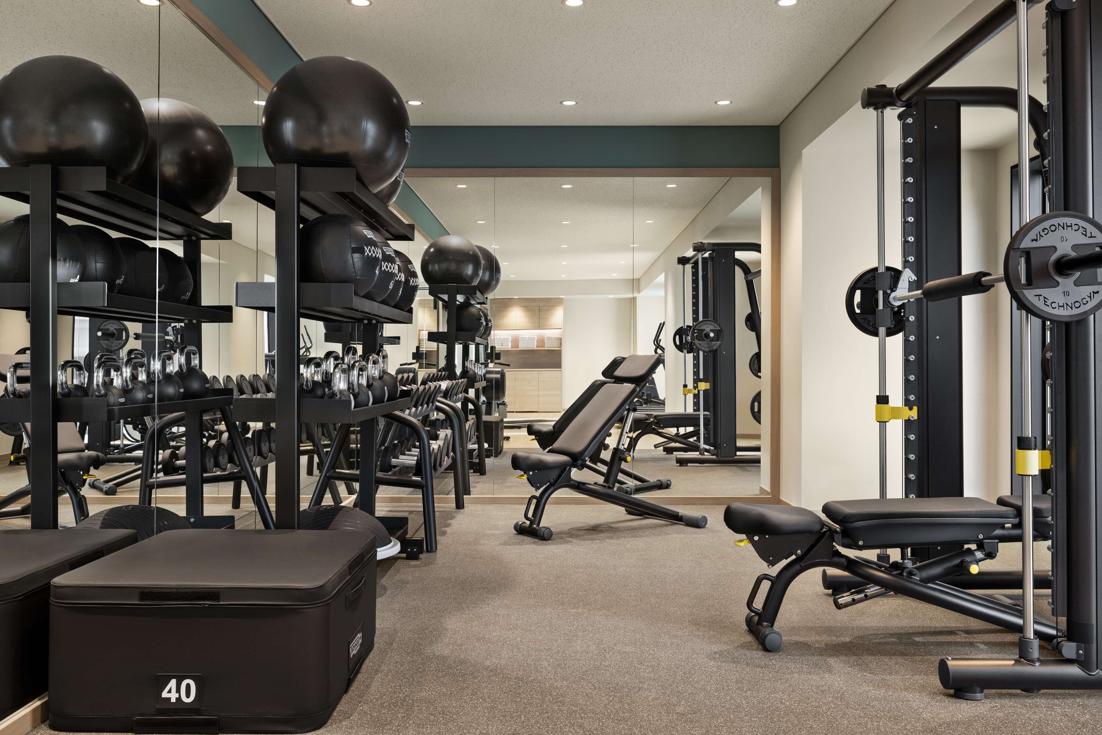 A gym with various exercise equipment, including weight machines, dumbbells, and exercise balls.