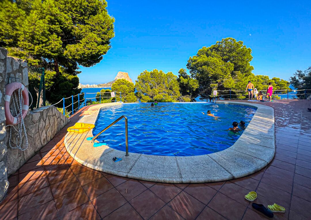 A swimming pool with a stone border, surrounded by trees and a stone wall.