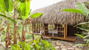 A thatched-roof structure with a wooden deck and a glass enclosure. - Romantic Cabana with view (Armenia)