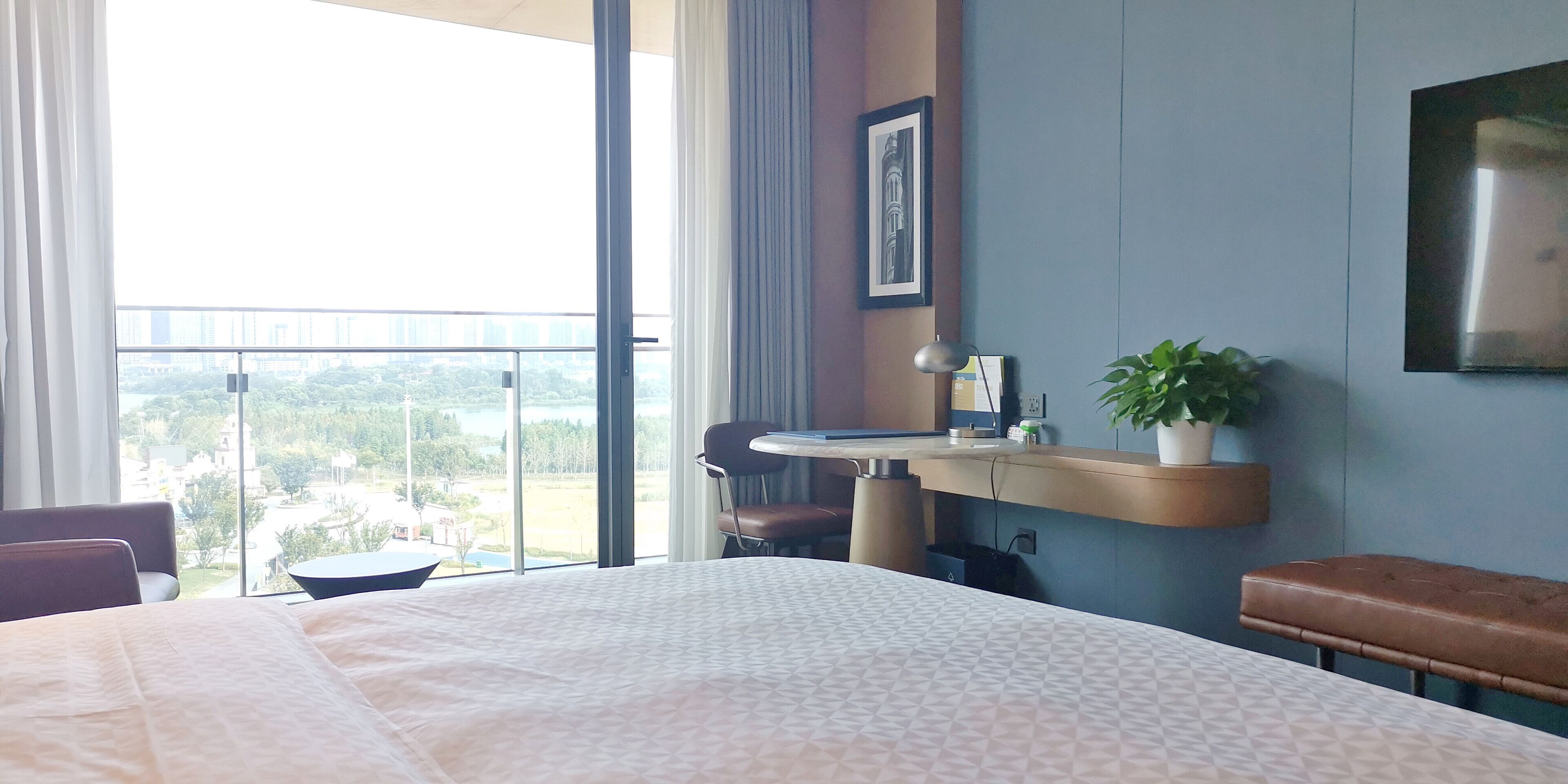 A hotel room with a large bed, a desk with a chair, a small table, a potted plant, and a view of a cityscape through large windows.