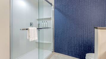 A modern bathroom with a glass shower enclosure, a white toilet, and a blue patterned wall.