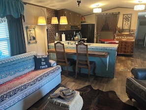 Smart TV, fireplace, books, smart speakers