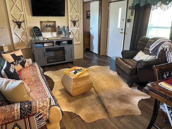 Smart TV, fireplace, books, smart speakers