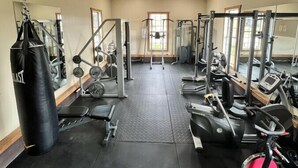 A gym with various exercise equipment, a punching bag, and a ceiling fan.