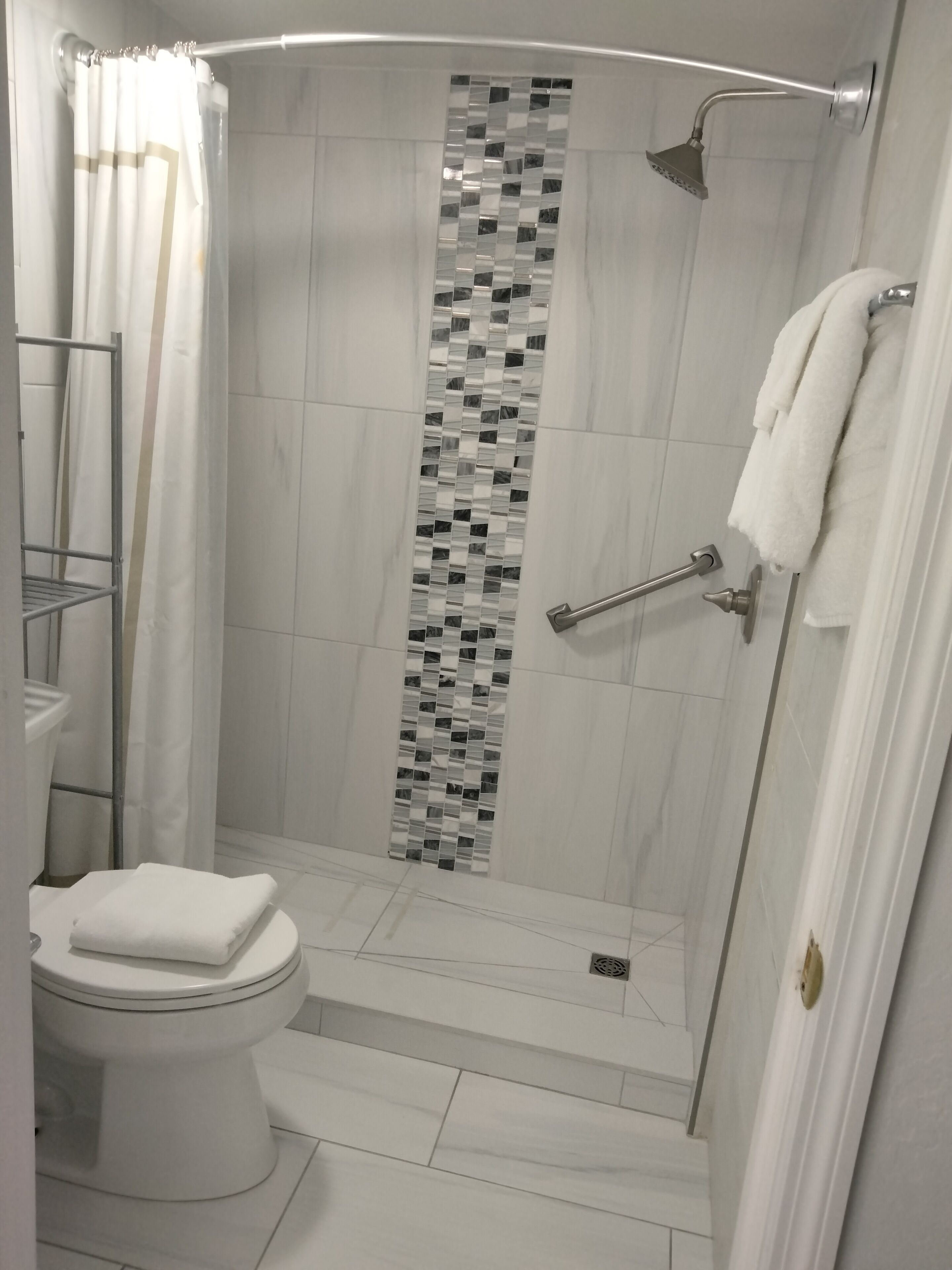 hair dryer, towels, soap, shampoo