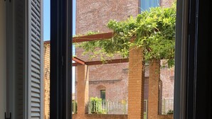 Porta aperta su un cortile con pavimento in mattoni, un muro di mattoni e un pergolato in metallo con piante rampicanti.