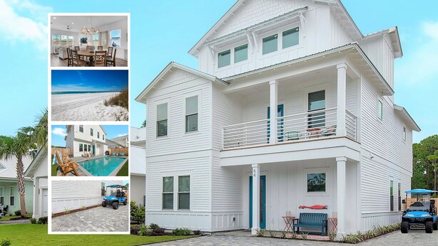 A two-story white house with a balcony, a pool, and a driveway. - Bliss: Gated! Pool! Free Golf Cart! Sleeps 20! (Miramar Beach)