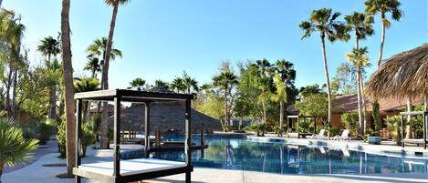 A pool area with lounge chairs, a thatched-roof structure, and palm trees.