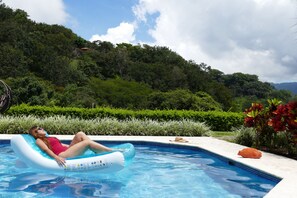 Outdoor pool, pool umbrellas, pool loungers