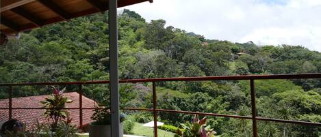 A balcony with a view of a lush green landscape and a red-roofed building in the distance.