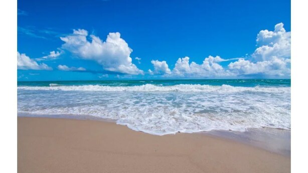 Una playa con cielo azul claro y olas del océano.