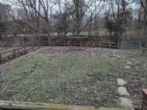 A fenced outdoor area with a grassy surface and scattered rocks. - Ohio Ave, 3 bed house, Historic Downtown Loveland (Loveland)