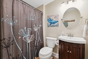 A bathroom with a shower curtain featuring floral designs, a toilet, a sink with a mirror, and a towel rack. - Chestnut, Three Bedroom House in Historic Loveland (Loveland)