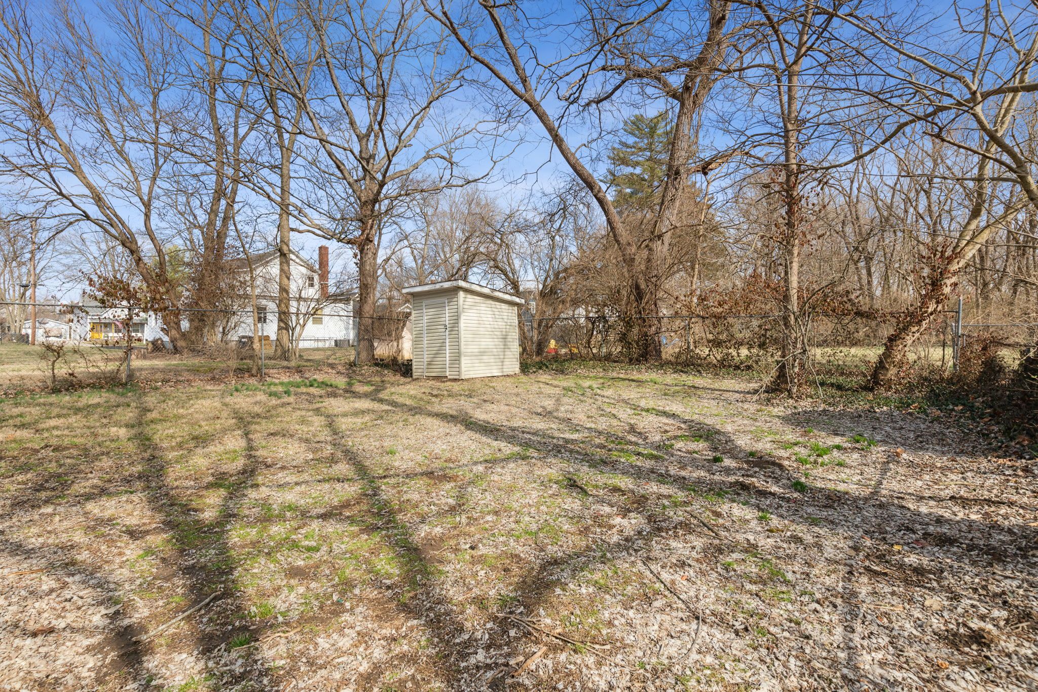 A backyard with a small shed, leafless trees, and a grassy area.