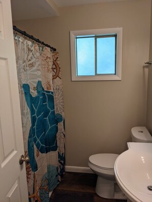 A bathroom with a toilet, a sink, a window, and a shower curtain with a nautical theme.