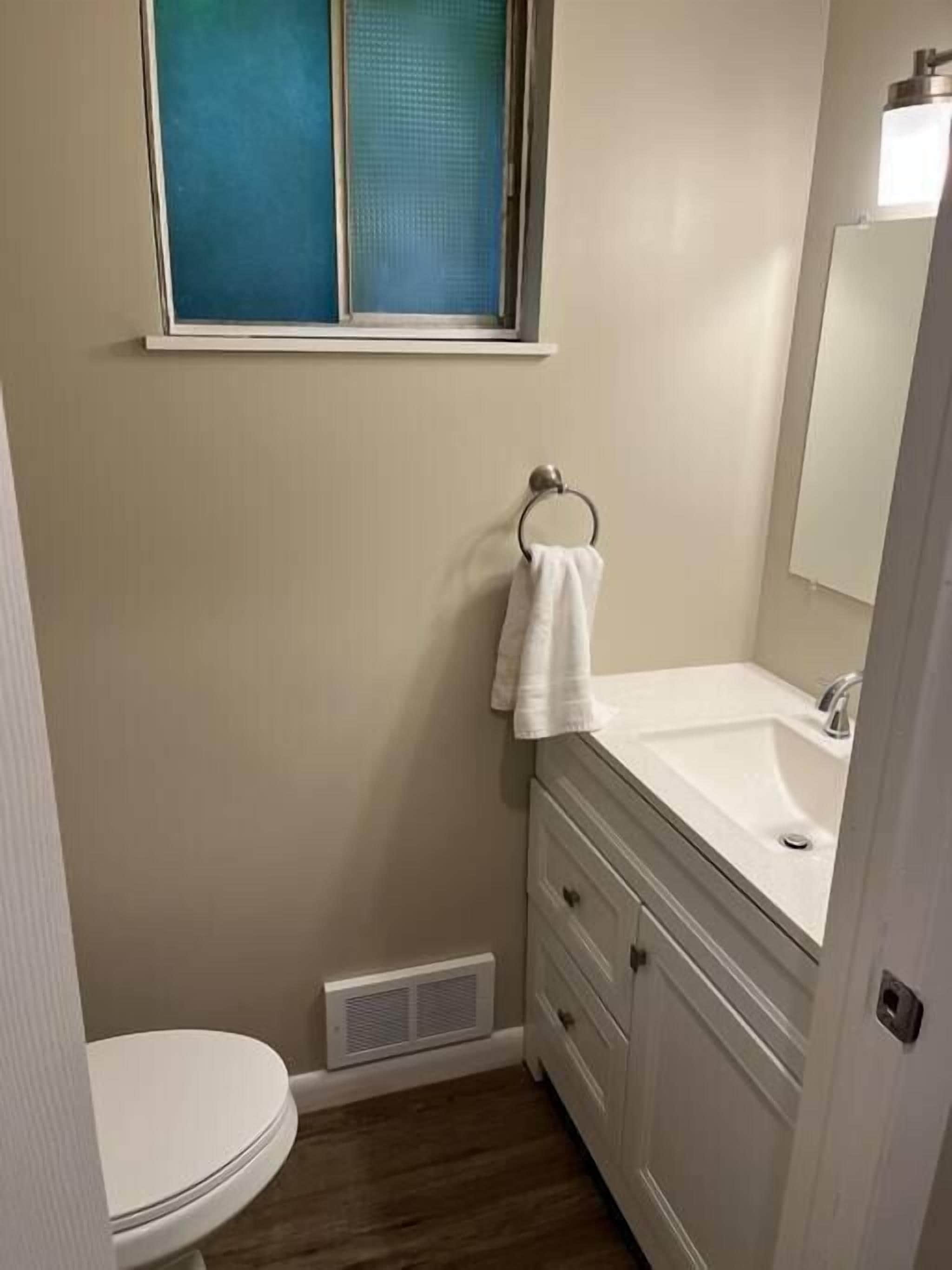 A small bathroom with a white toilet, a sink with a mirror, and a window above the sink.