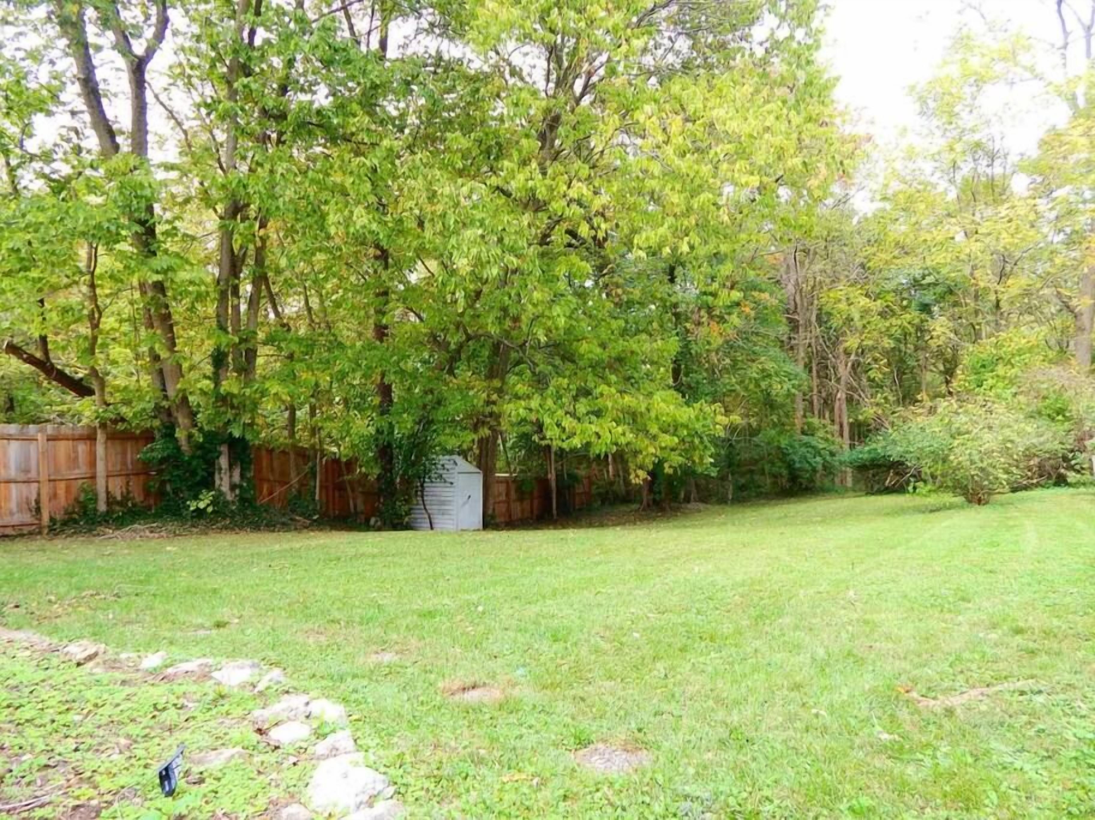 A backyard with a wooden fence, a shed, and a grassy lawn.