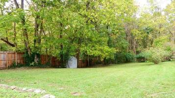 A backyard with a wooden fence, a shed, and a grassy lawn.