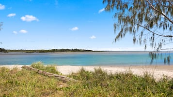 On the beach, sun-loungers, beach towels