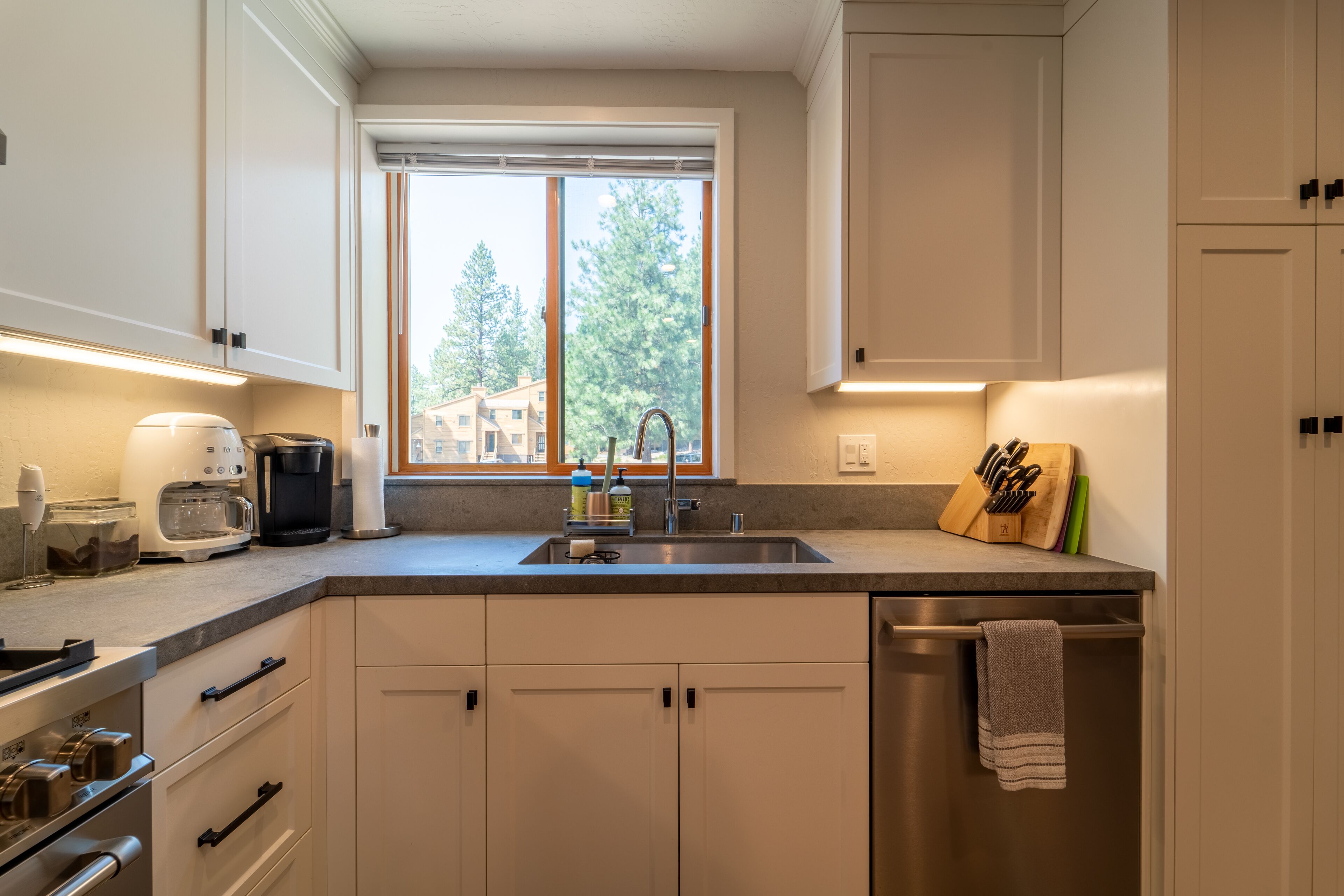 A modern kitchen with white cabinets, a stainless steel sink, and a window with a view of buildings and trees.