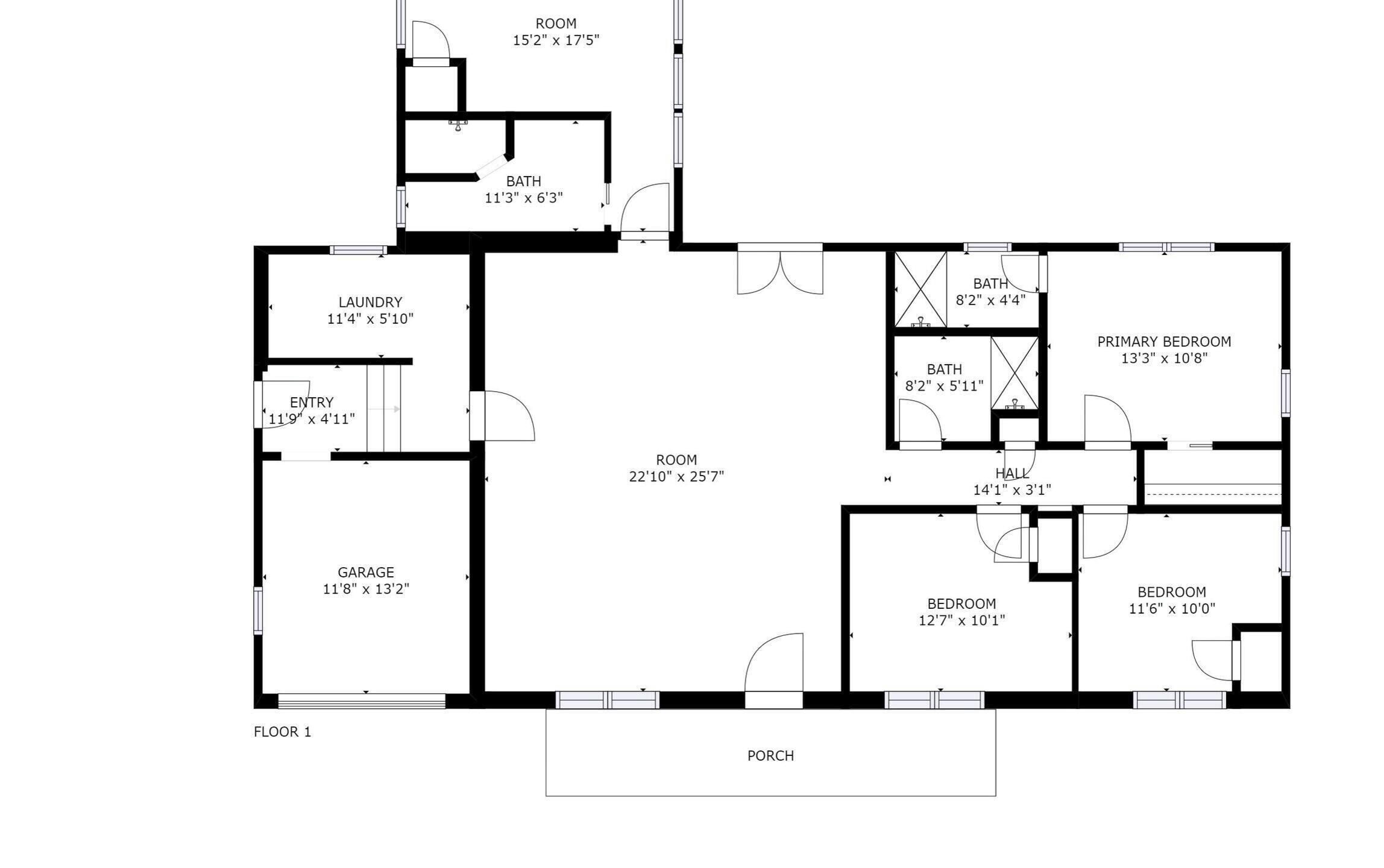 Een plattegrond met hoofdslaapkamer, logeerkamer, badkamer, wasruimte, entree, garage en een ruime hal.