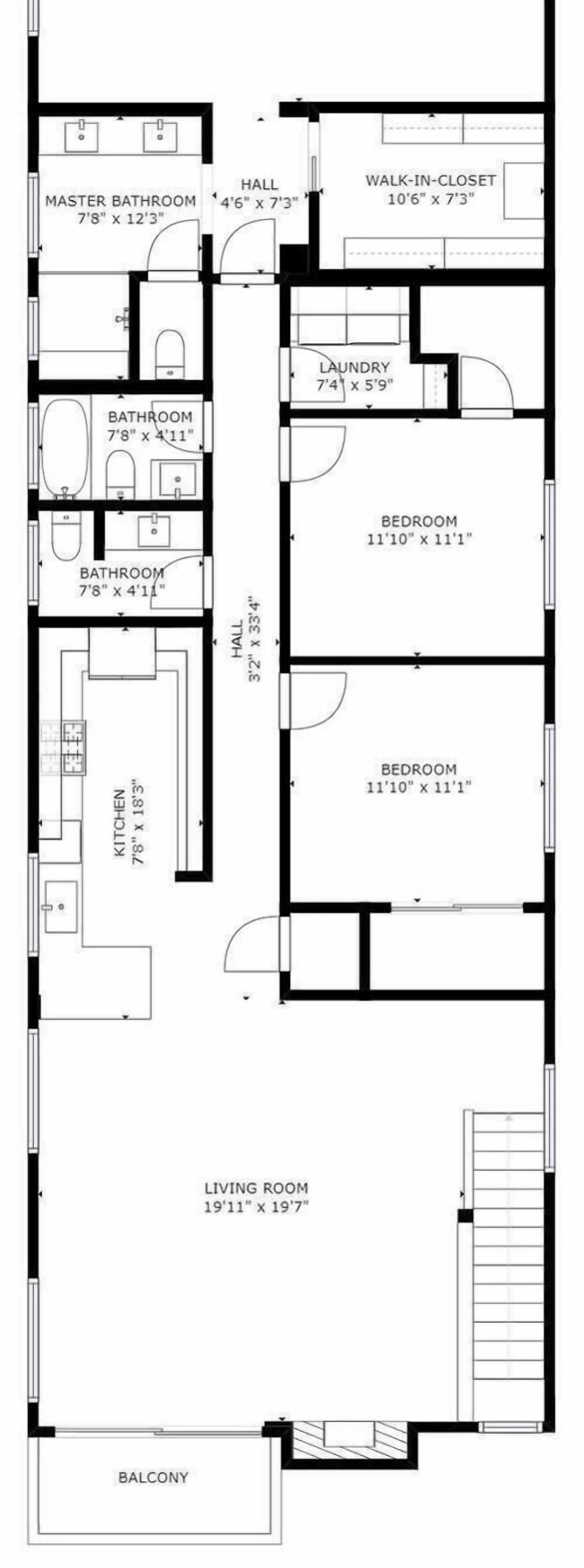 A floor plan with a master bathroom, two bathrooms, a kitchen, a living room, two bedrooms, a walk-in closet, a laundry room, a hall, and a balcony.
