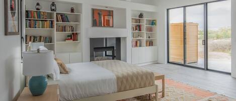 A modern bedroom with a bed, bookshelves, a fireplace, and a large sliding glass door to the outside.