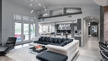 55-inch TV with digital channels, fireplace, streaming services