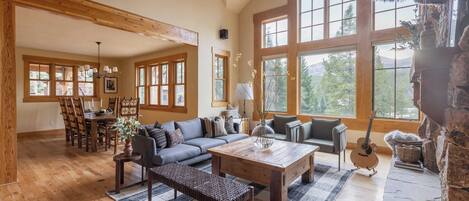 55-inch TV with digital channels, fireplace, streaming services