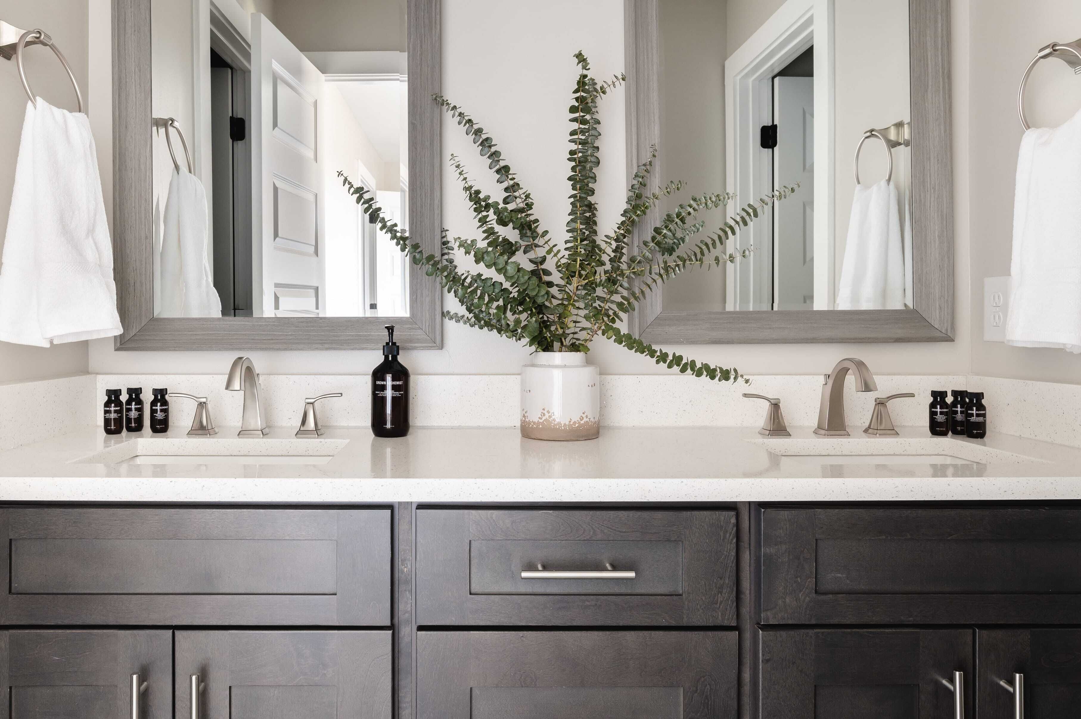 A bathroom with a white countertop, two sinks, a mirror, and a potted plant.