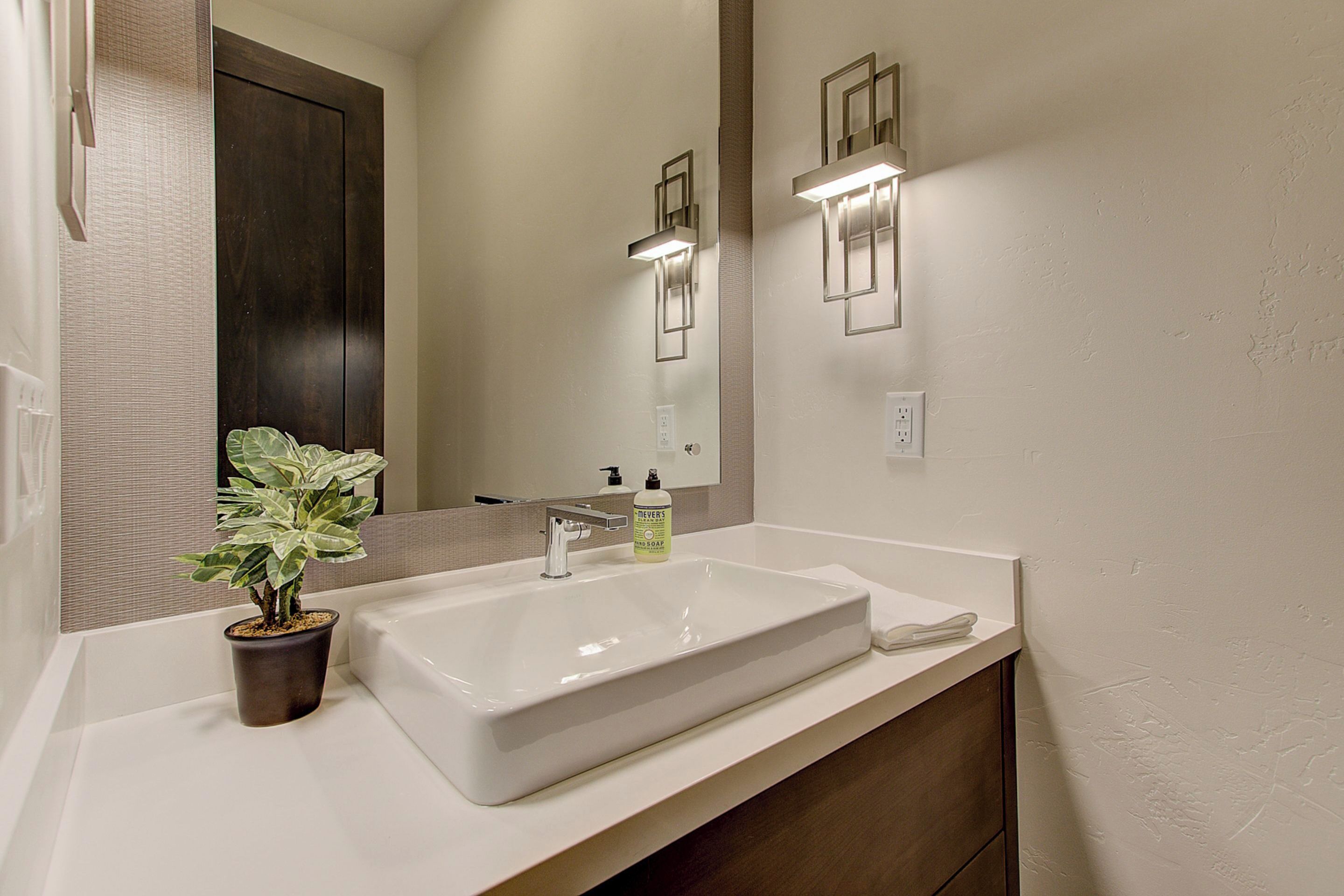 A bathroom with a white sink, a potted plant, a mirror, and wall-mounted lights.