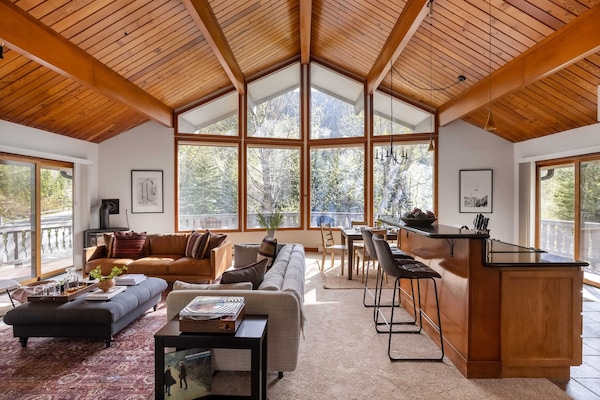 55-inch TV with digital channels, fireplace, streaming services