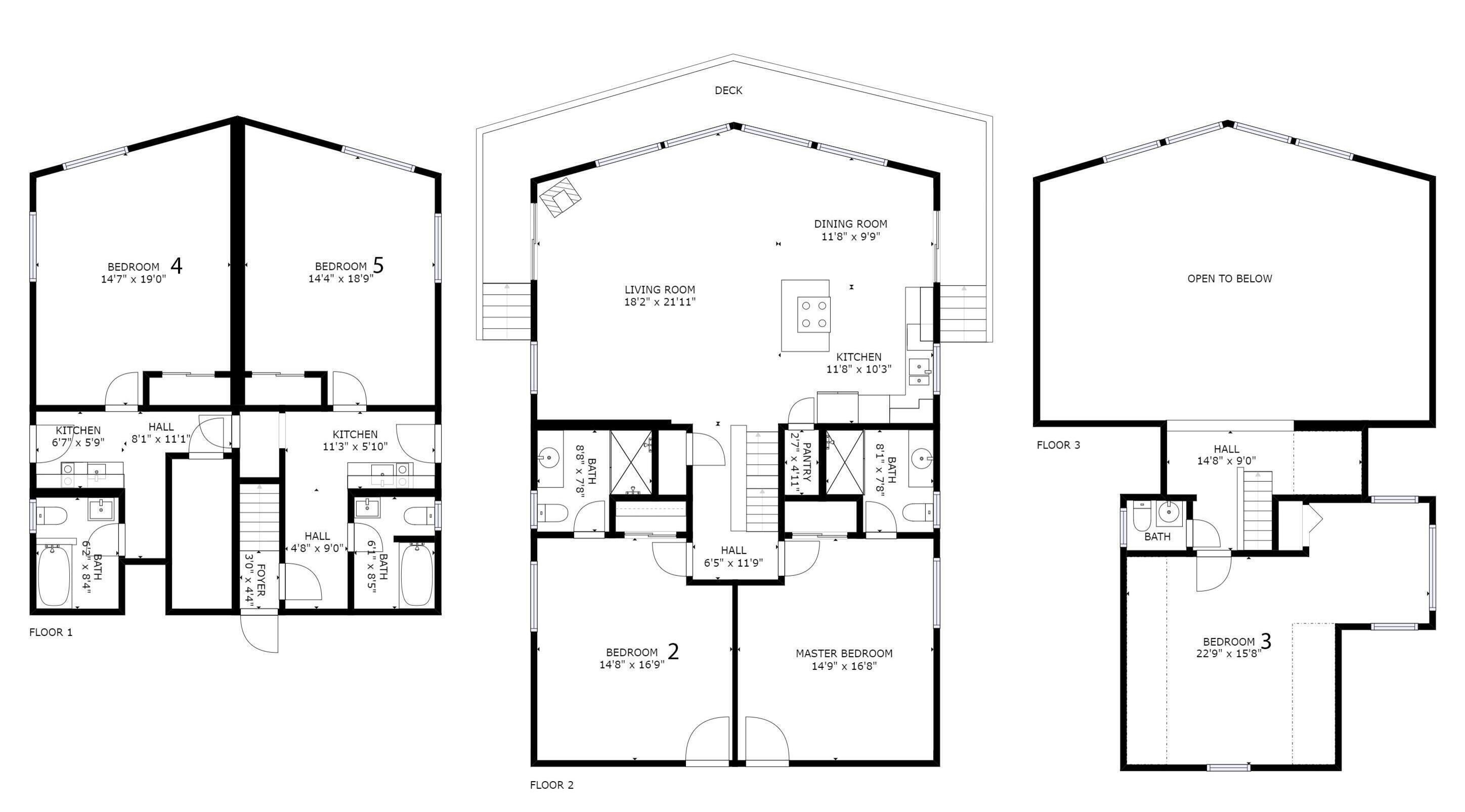 Tres plantas de una casa con dos dormitorios, un dormitorio principal, un comedor, una cocina, una sala de estar, un vestíbulo y un baño.