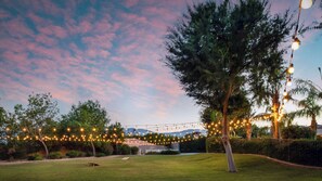 A grassy outdoor area with string lights, trees, and a distant building. - Villa Verbena by Avantstay Expansive Estate w/ B-ball Court, Pool/spa & Entertainer's Yard (Indio)