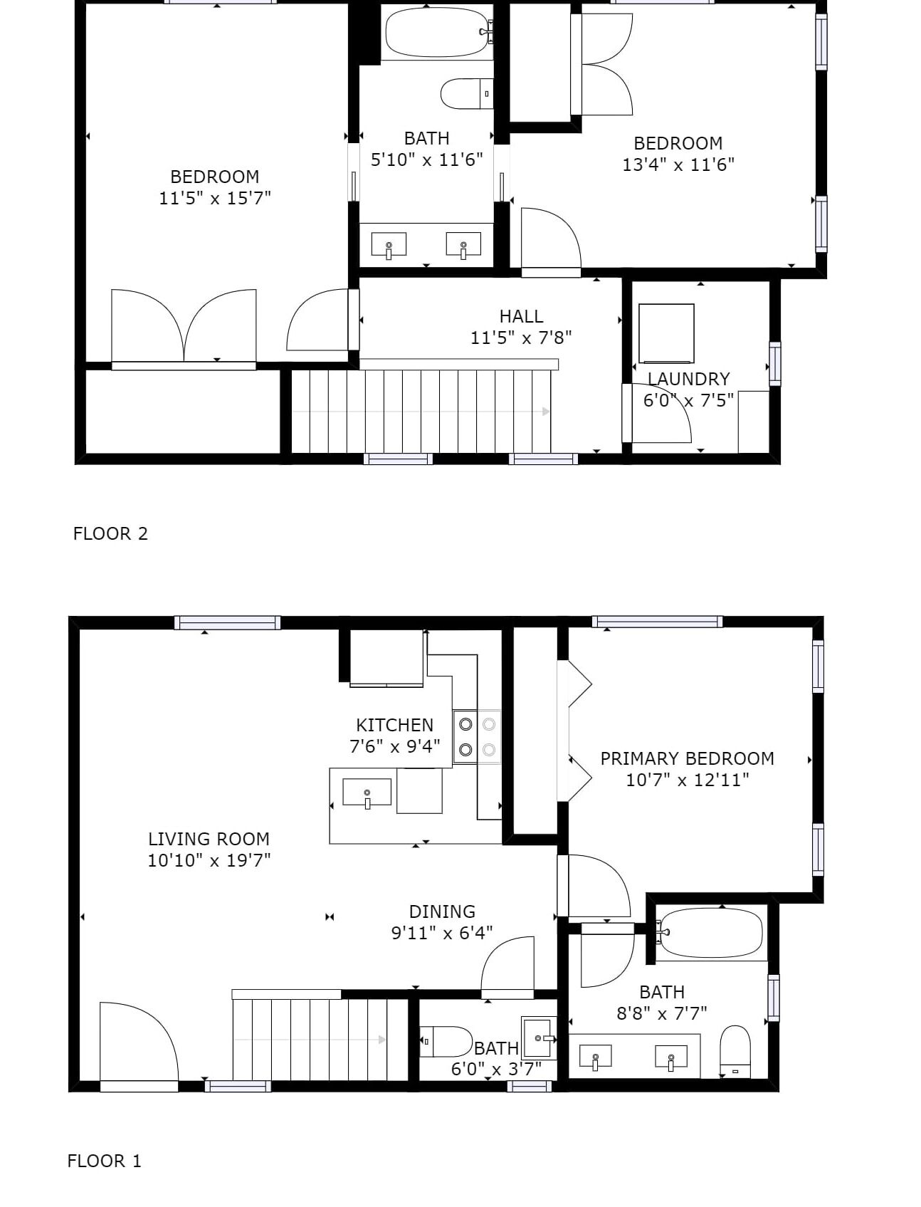 A two-floor apartment layout with a bedroom, bathroom, hall, laundry, kitchen, dining area, living room, and a primary bedroom.