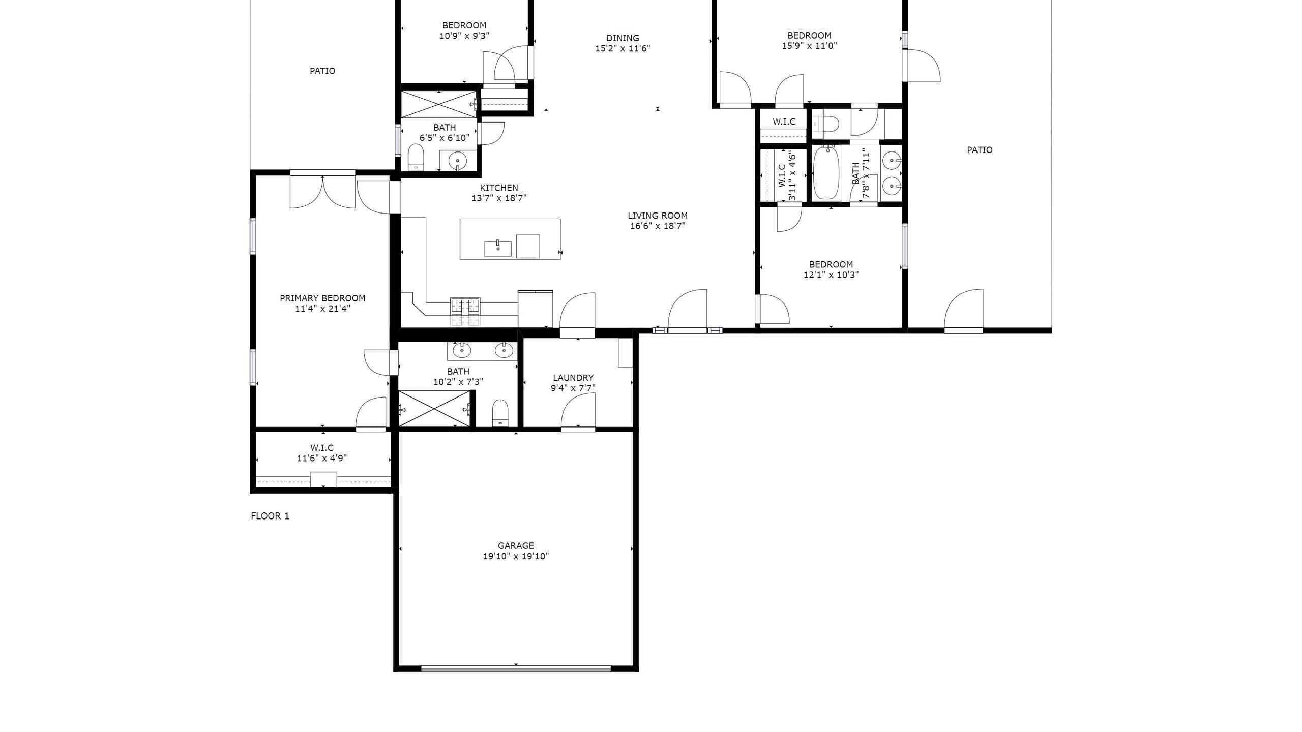 Plantegning af et hus med garage, to soveværelser, køkken, stue, spiseområde, badeværelse og terrasse.