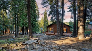 A cabin surrounded by tall trees, with a wooden deck and a stone pathway leading to it. - Golden Summit by Avantstay Stunning Secluded Cabin w/ Access to Tahoe Donner (Truckee)