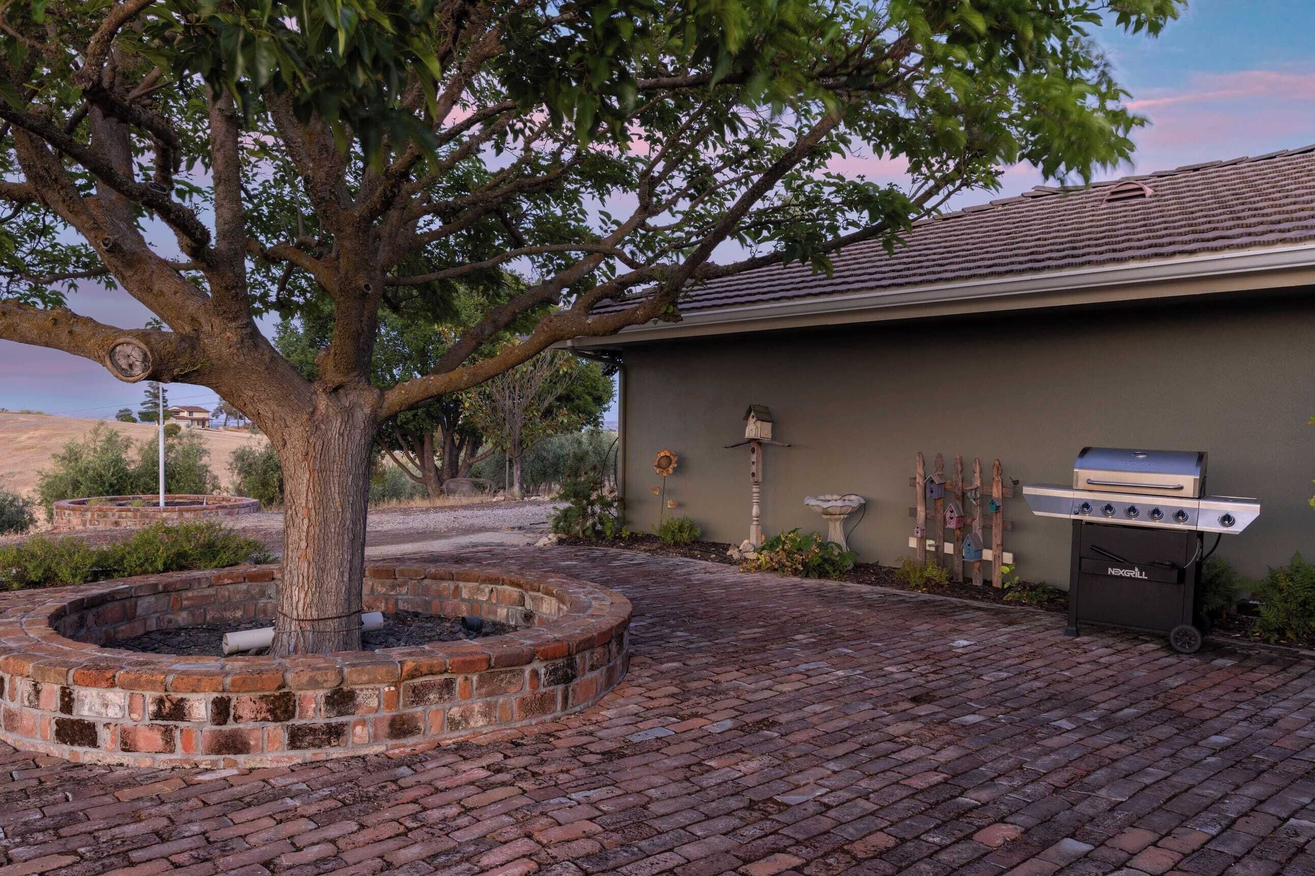A backyard with a brick fire pit, a tree, and a grill.