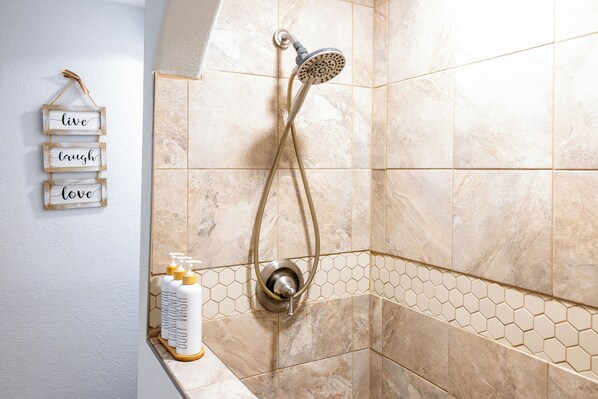 Shower, free toiletries, hair dryer, towels
