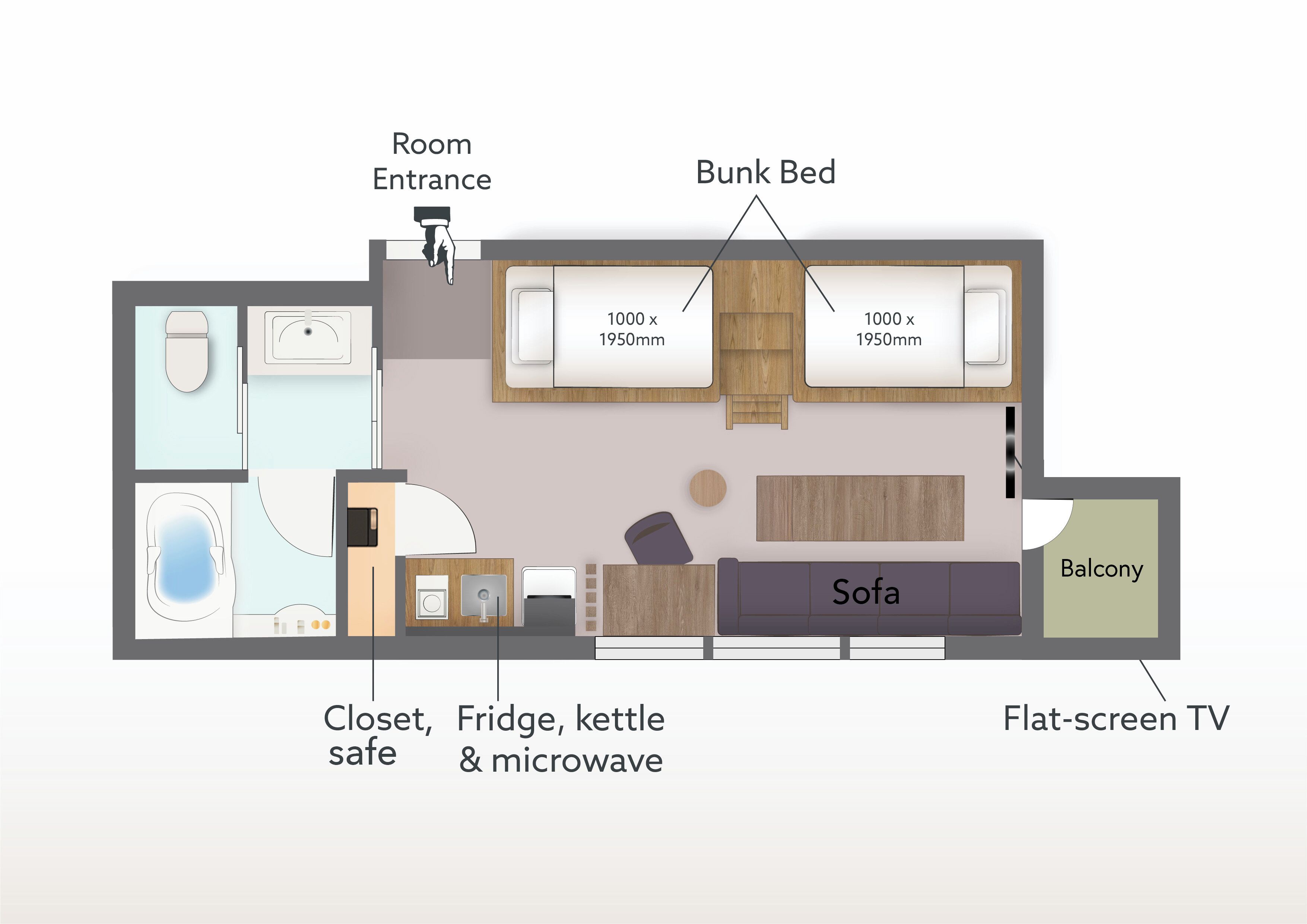 A room layout with a bunk bed, sofa, flat-screen TV, closet, fridge, kettle, microwave, and a balcony.