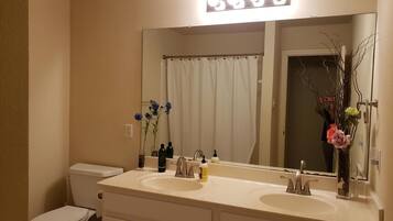 Combined shower/tub, hair dryer, bidet, towels