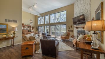 TV, fireplace, table football