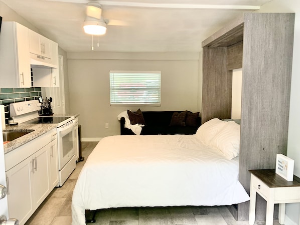 1 bedroom, desk, iron/ironing board, travel cot